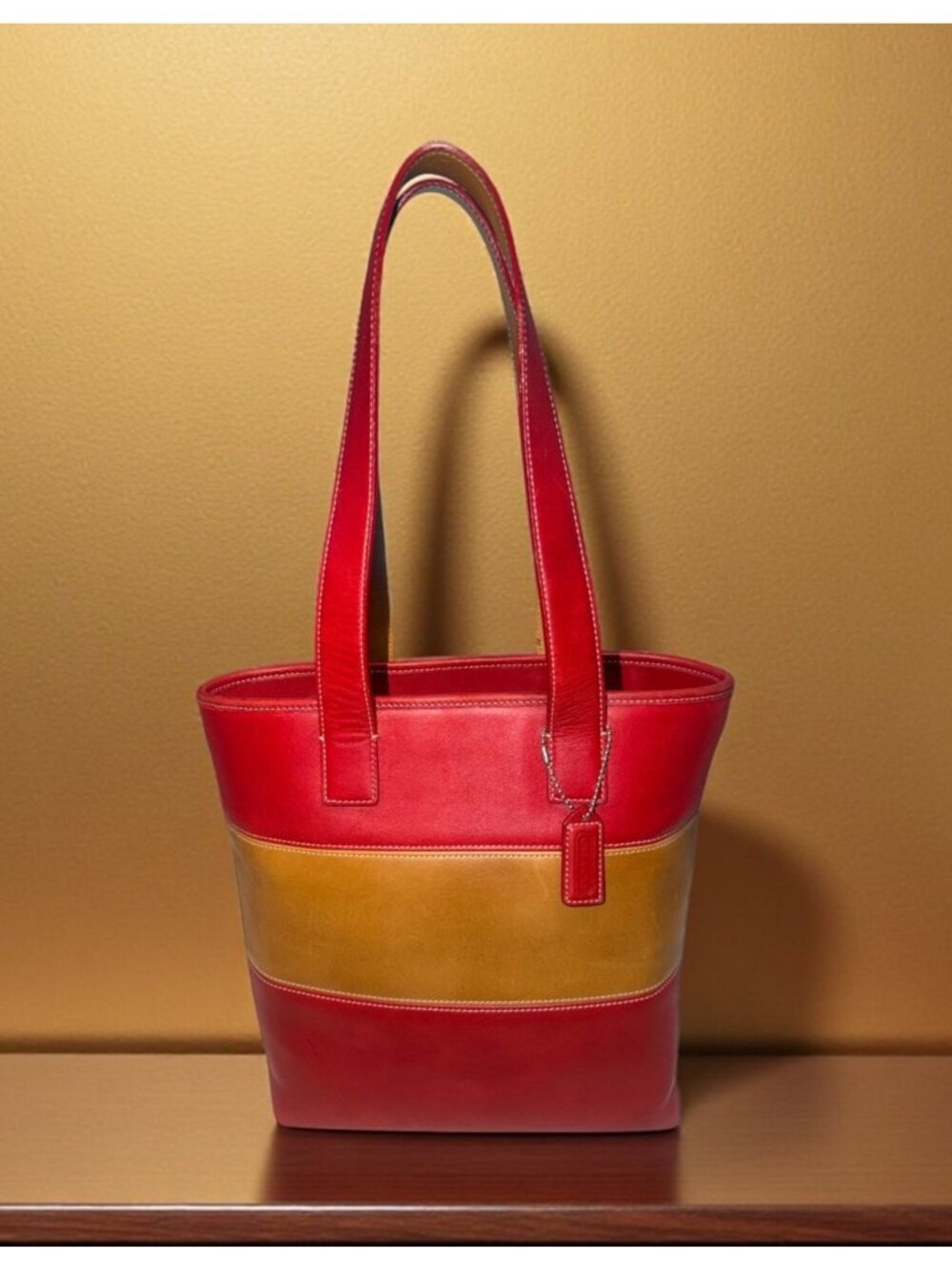 VTG Coach Legacy Rugby Stripe Colorblock Tote 9348 Red Tan Leather 90s + Hangtag - Picture 2 of 8